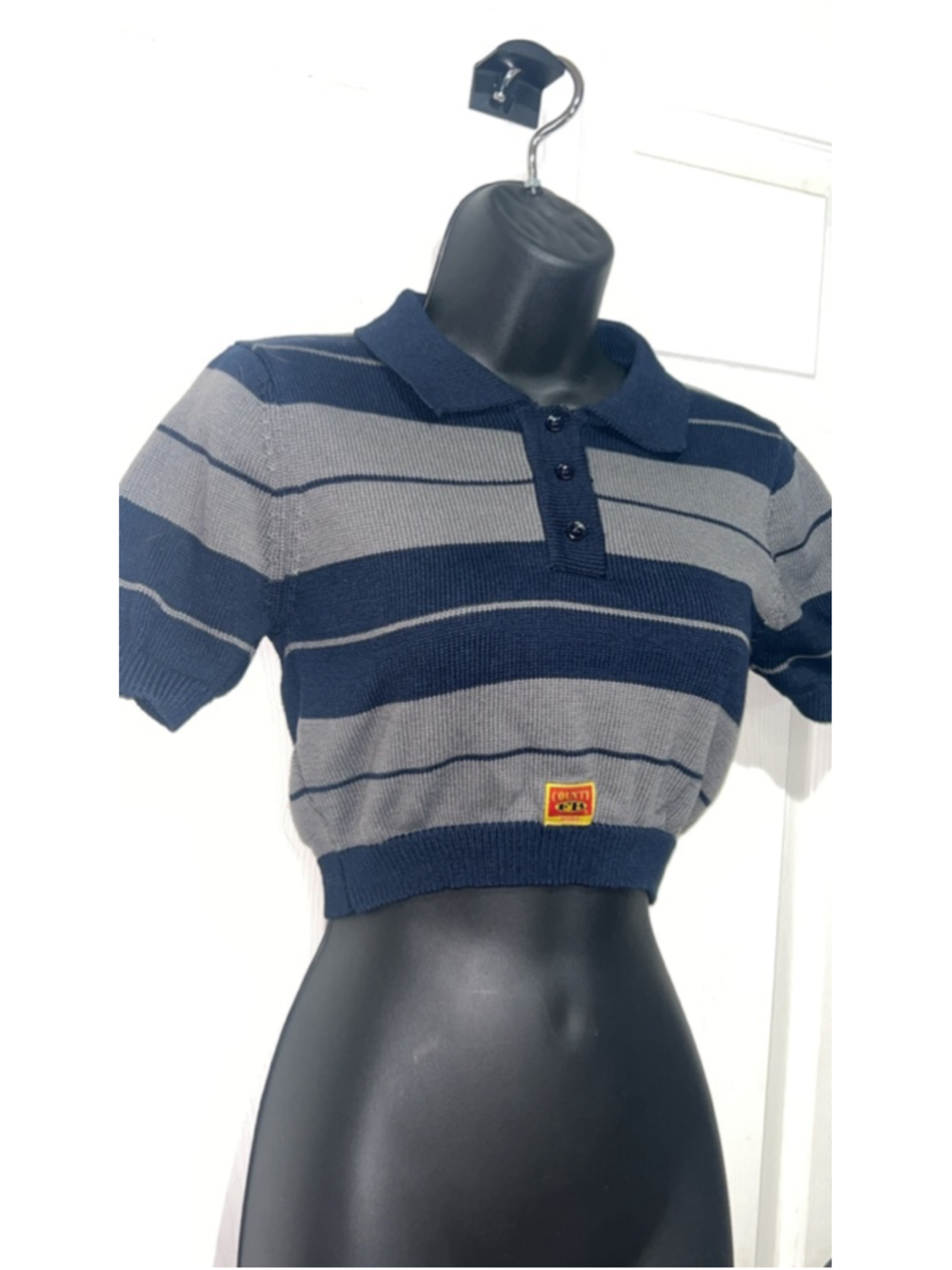 FB County charlie brown Striped Crop Top XS Blue Gray